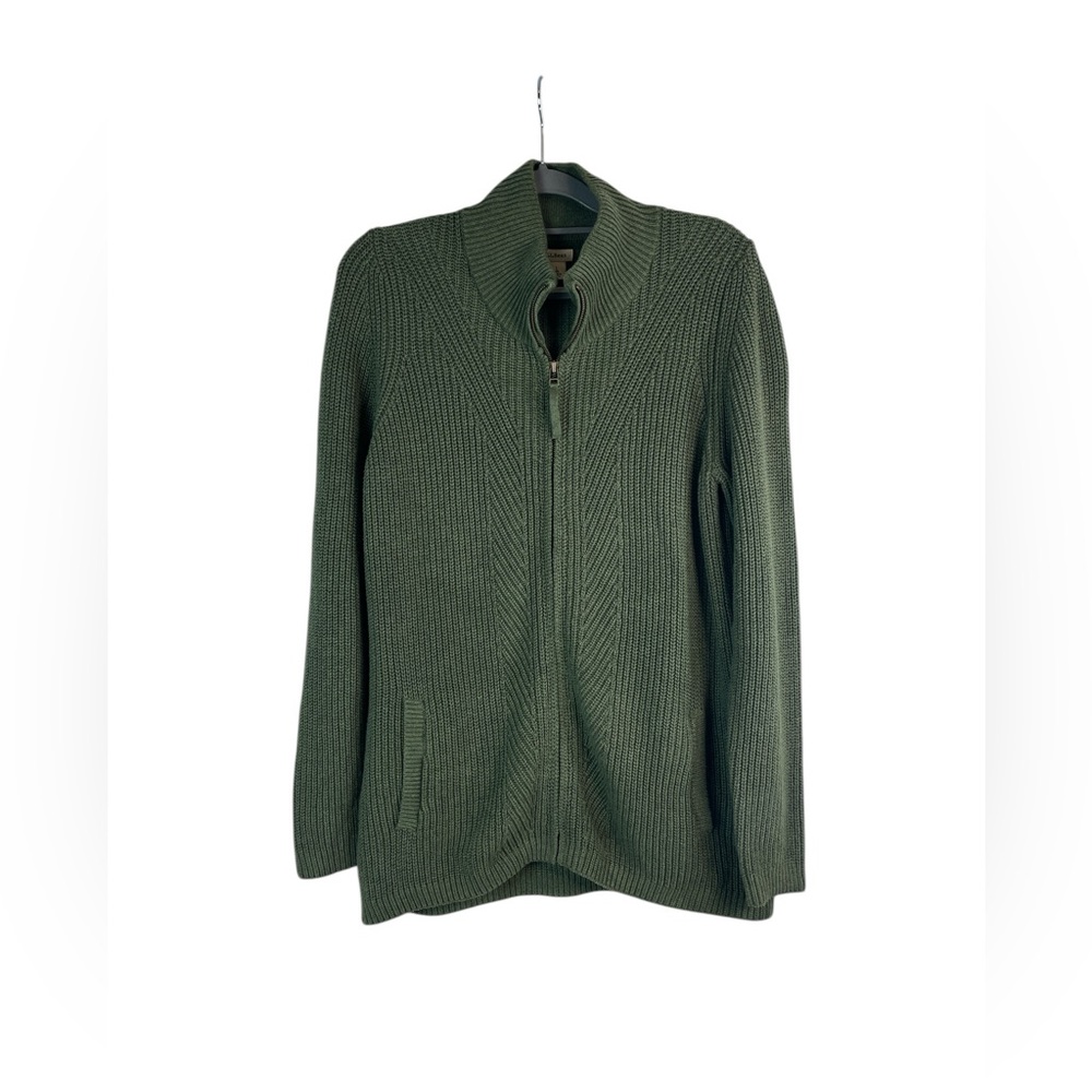 L.L.Bean Zip Front Cardigan Sweater Green 100% Cotton Men’s Large knit cardigan
